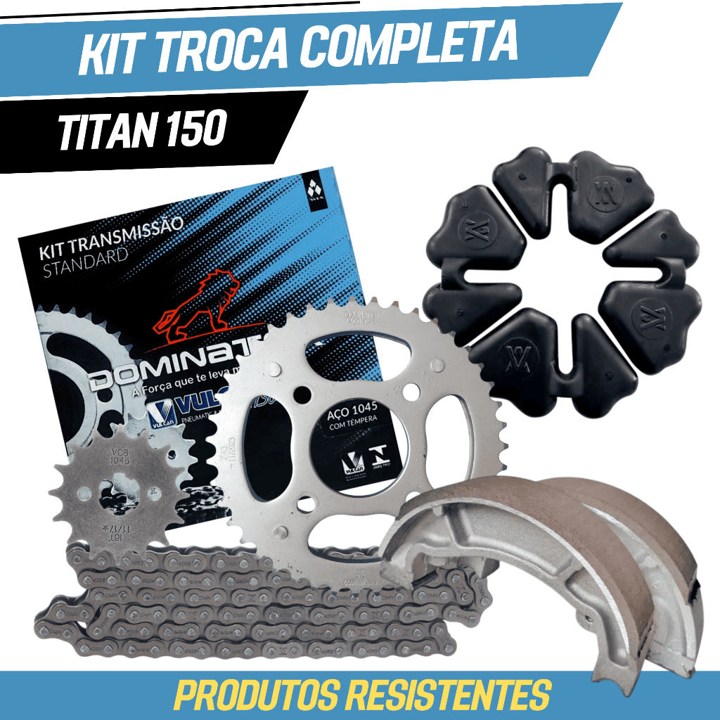 Kit Relação/Transmissão/Tração Titan 150/Fan 150 + Bucha Coxim Da Coroa + Patins de Freio