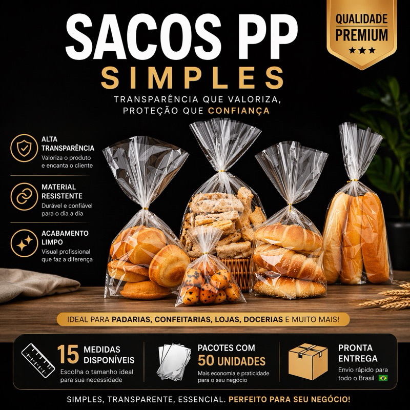 Saco Plástico PP Transparente tipo Celofane - 50 Unidades por PCT