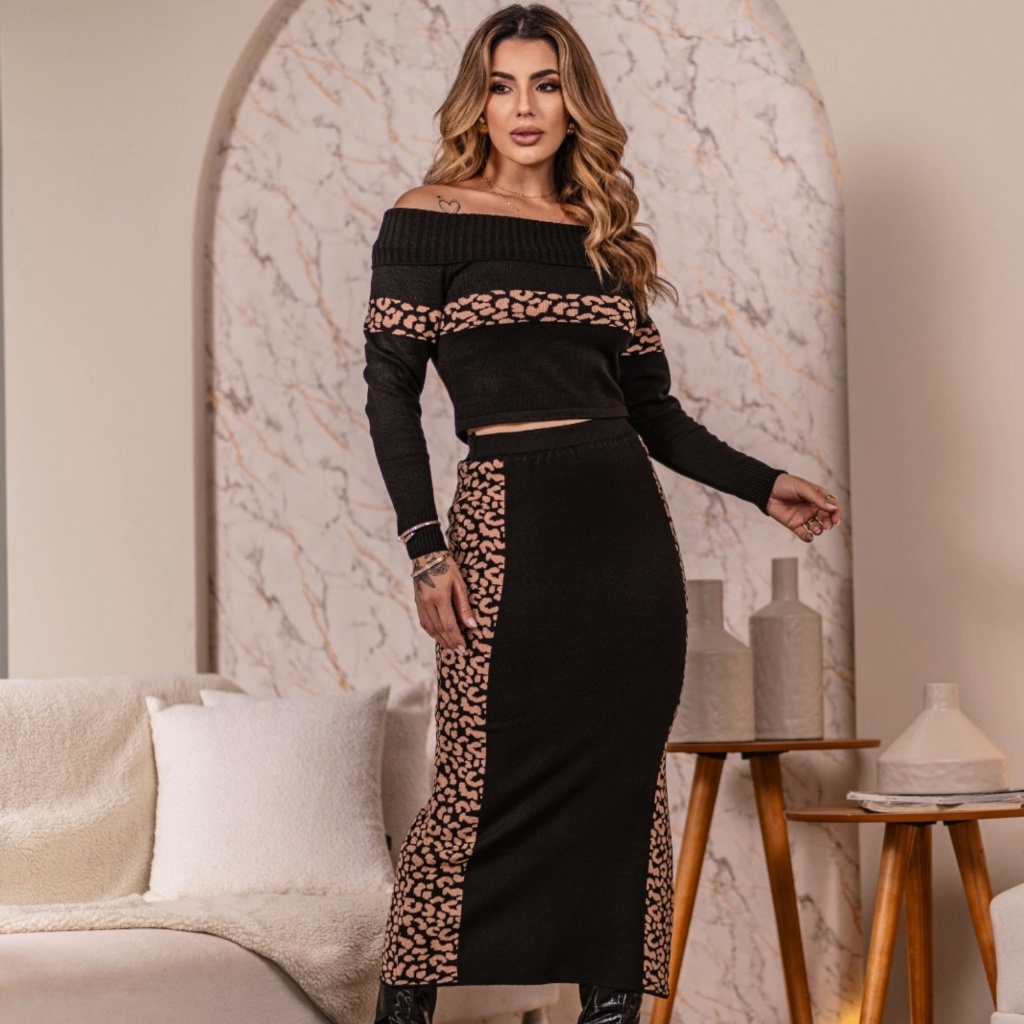 Conjunto Feminino Tricot Animal Print Cropped + Saia Midi Modal Premium Tricô Elegante