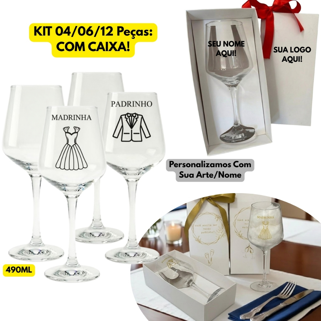 Jogo Kit 04/06/12 Taças Vinho Vidro Personalizadas Casamento Brunello 490ML C/ Caixa Presenteável