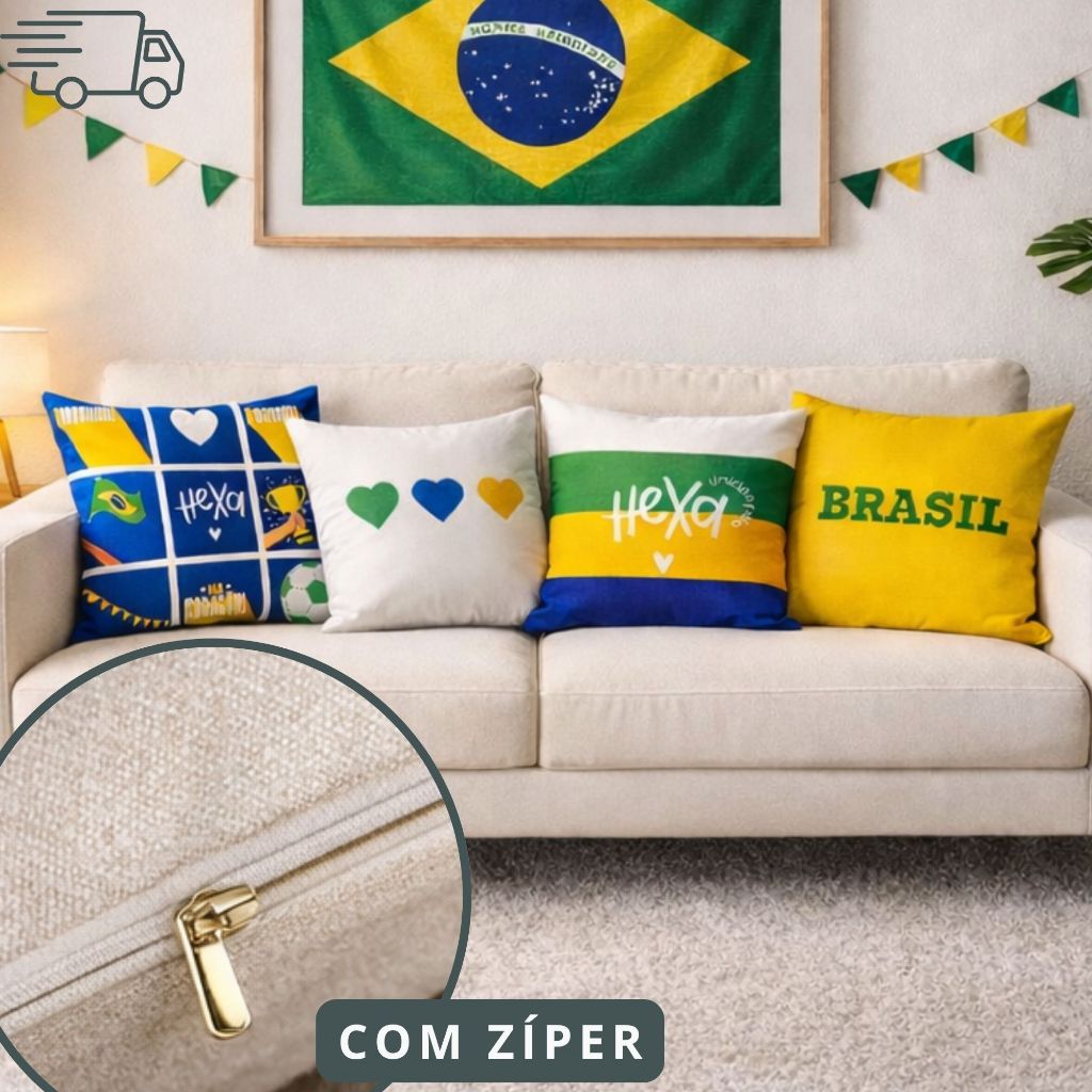 04 Capas de Almofada Estampa Digital Decorativa com Zíper 45 x 45cm Decoração Copa do Mundo 2026 Brasil