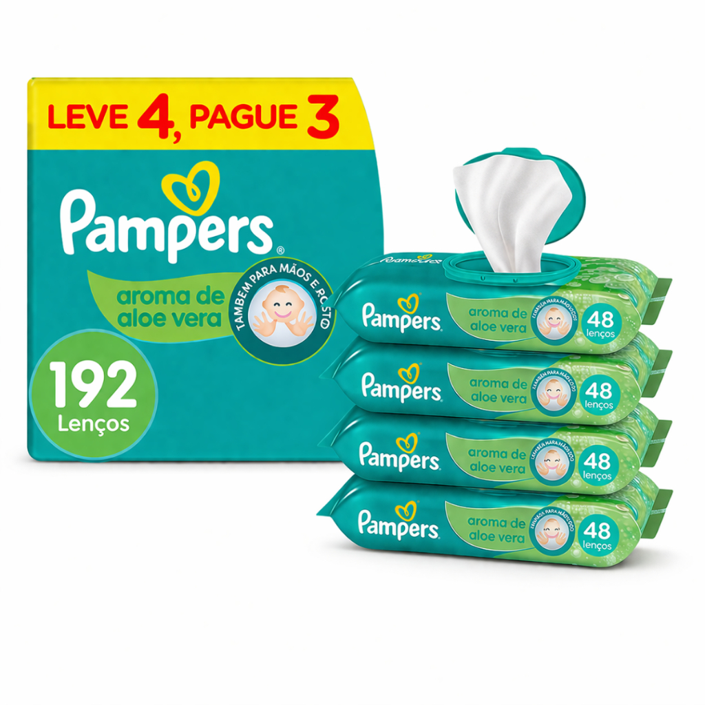 Lenços Umedecidos Com Aroma De Aloe Vera 192 Unidades Pampers - Kit Com 4 Pacotes