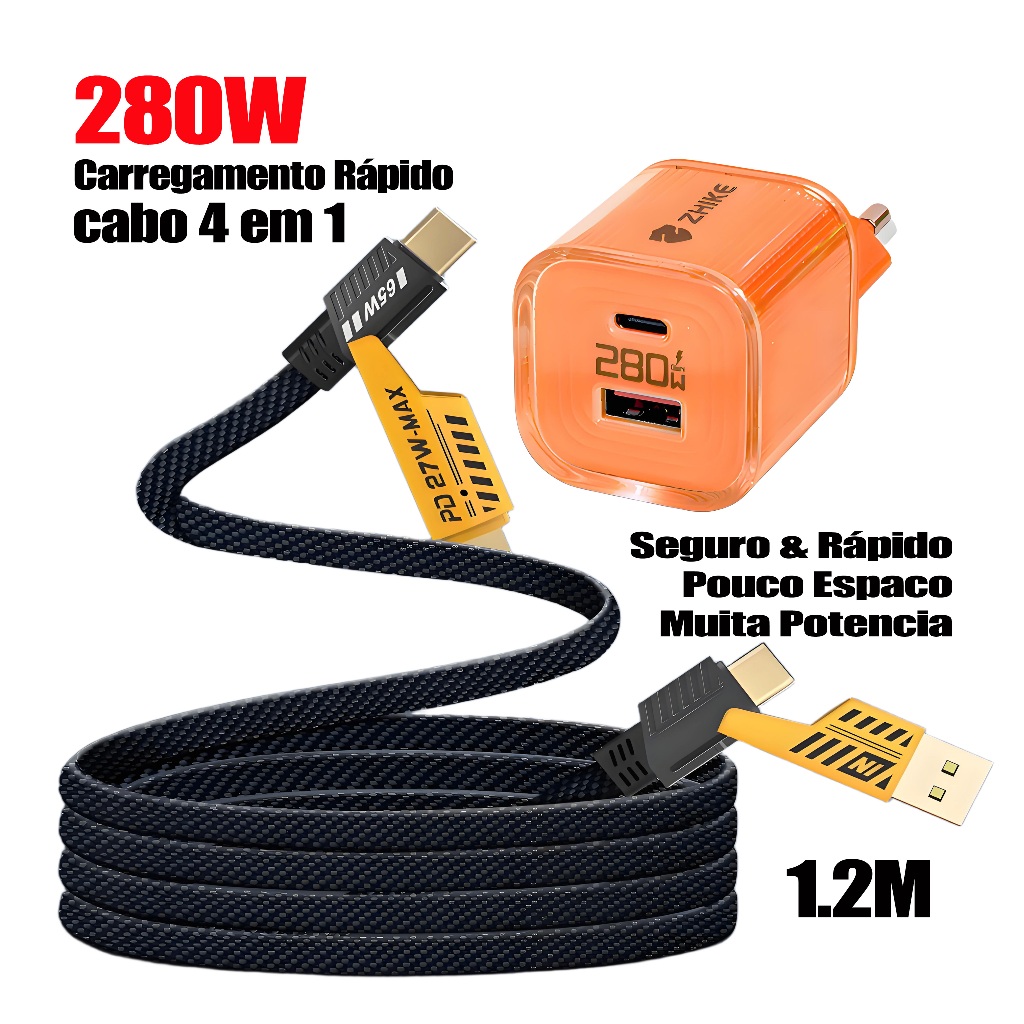 Carregador 280W Carregamento Rápido + Cabo USB-C 4 em 1 Silicone | 3 Opções: Apenas Cabo/Apenas Fonte/Combo | Cabo 1m/2m