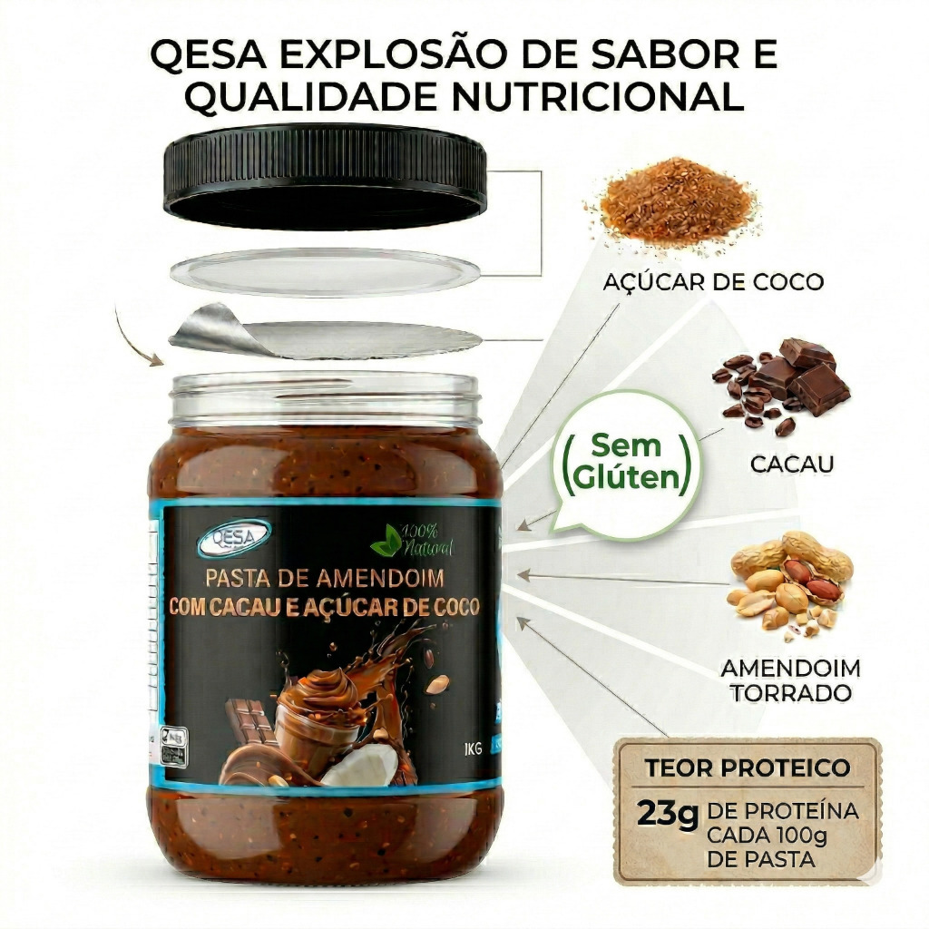 Pasta de amendoim com cacau e acucar de coco 1KG Qesa