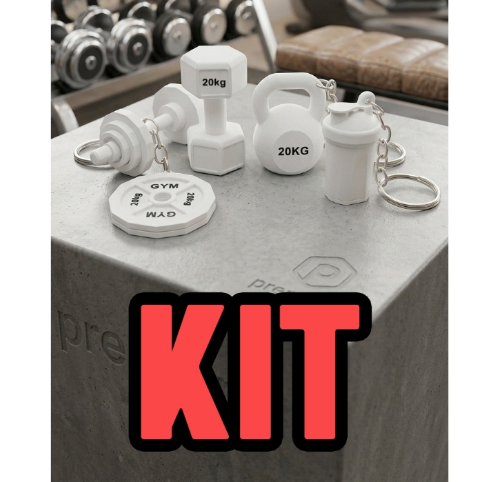 Kit 5 Chaveiros Fitness Gym Academia Premium 3D - Halter, Kettlebell, Anilhas e Shaker