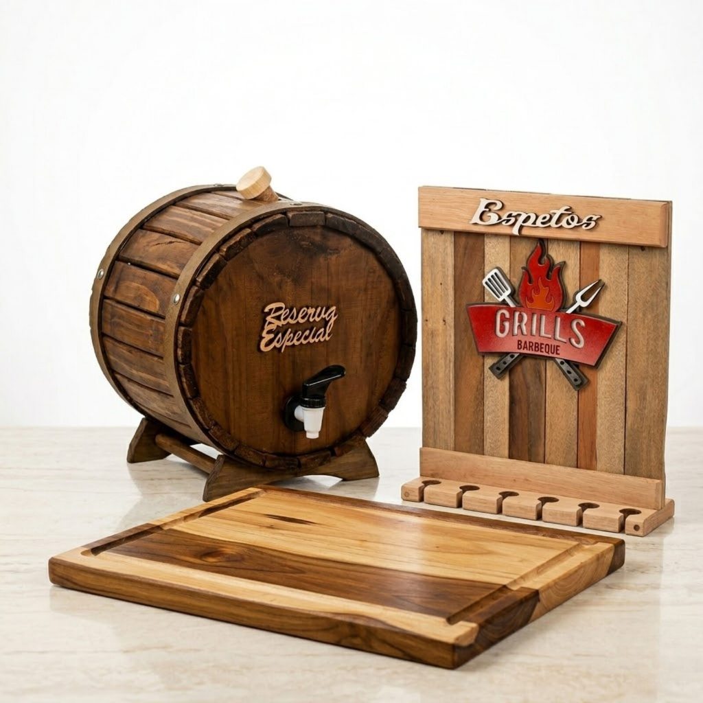 Kit Tábua Retangular Madeira Teca + Pingômetro de Barril + Porta Espetos Rústico – Área Gourmet