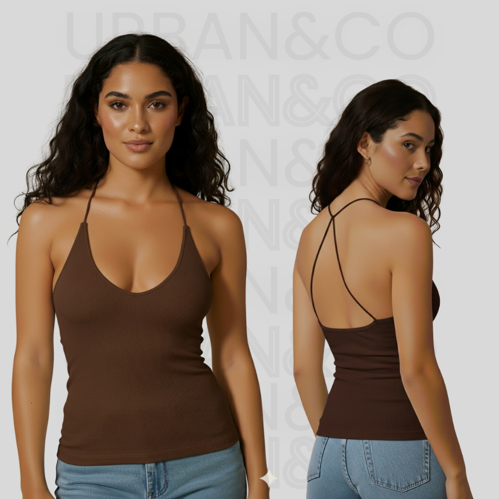 Blusa Feminina Canelada Decote V com Costas Cruzadas – Regata Básica Detalhe em X em Ribana Halter