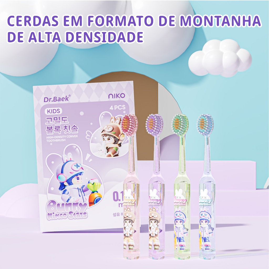 Kit 4 Escovas Infantis Dr.Baek Niko - Cerdas 0.12mm, Design Ergonômico, 4 Cores