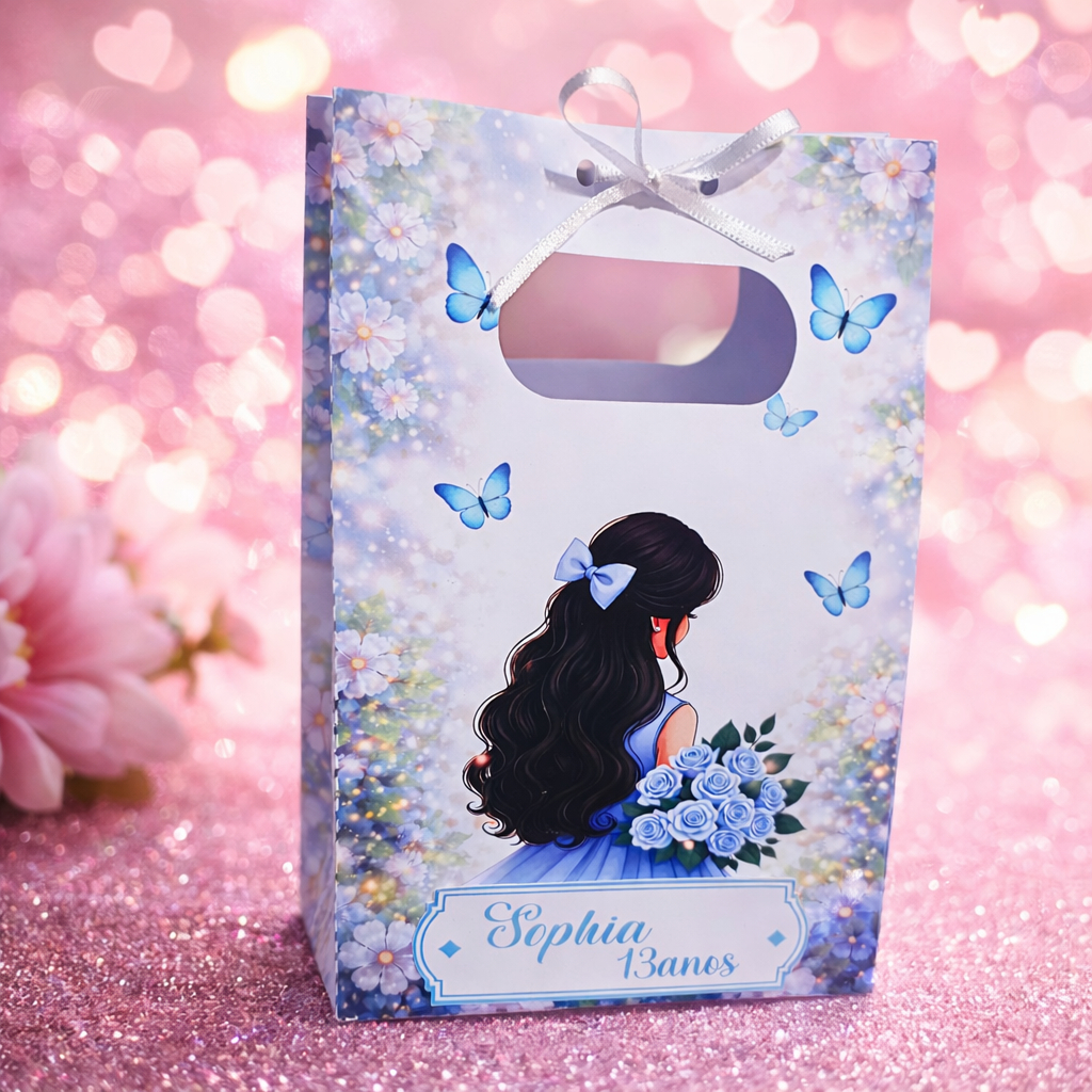 Sacolinha Personalizada Jardim das Borboletas Azul Luxo - Kit 10/20/30 unid. - Lembrancinha Festa Infantil e 15 Anos