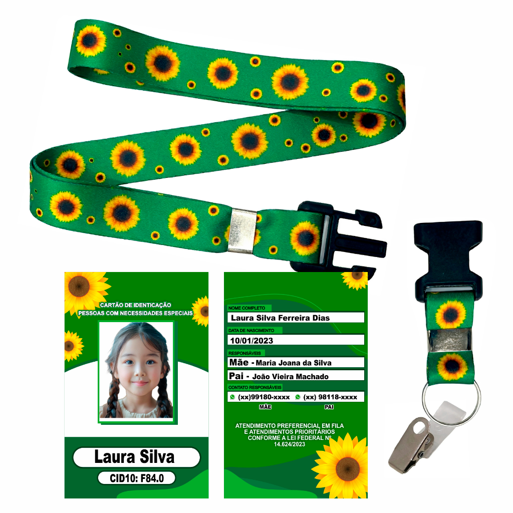 Kit Crachá Personalizado Doenças Ocultas Autismo TDAH Deficiência Cordão Girassol Premium (ENTREGA RÁPIDO)