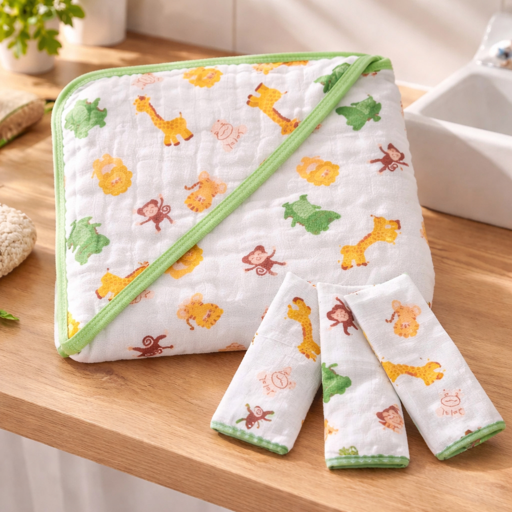 kit 1 Toalha Banho Soft Bebe Capuz Fralda Grossa + 3 paninhos boca 100% Algodão Menino Menina em Oferta na Shopee