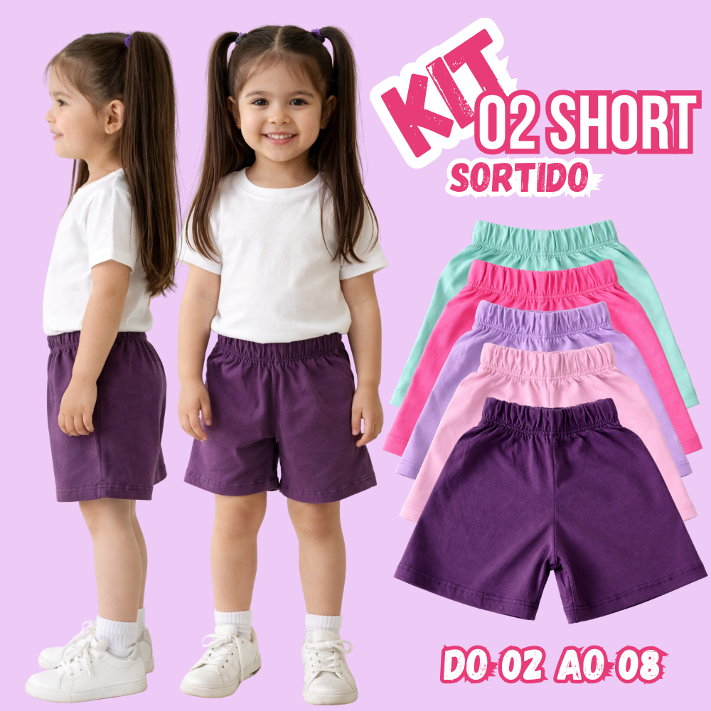 Kit Short Infantil Criança Menina Básico Liso Malha Algodão Confortável e Fresquinho para Brincar Creche Escola