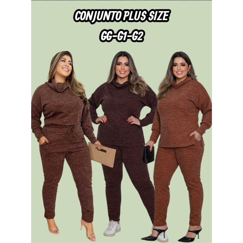 Conjunto Feminino 2 Peças Blusa e Calça Plus Size - Lanzinha Malha Rib Conjunto de Frio Tamanho GG-G1 e G2