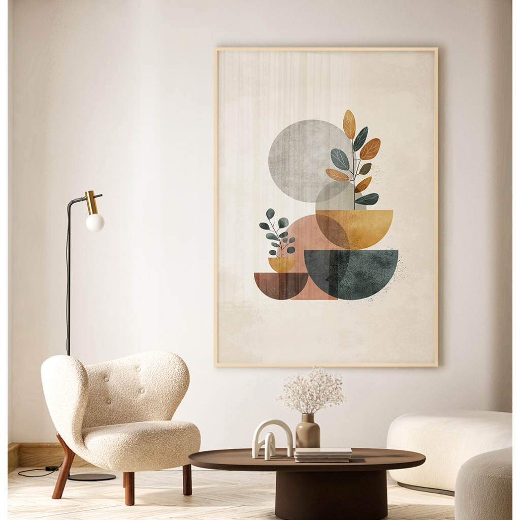 Quadro Abstrato Grande Quadro Com Moldura E Vidro Quadro Decorativo Sala Vaso De Plantas E Círculos