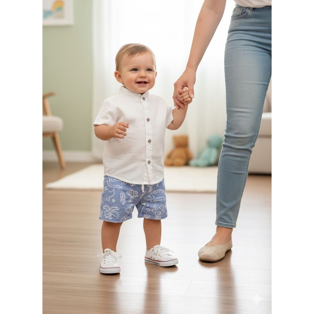 Conjunto Infantil Dinossauros Festa  Bebê Menino Camisa Social + Bermuda Estampada Look Verão Confortável e Estiloso