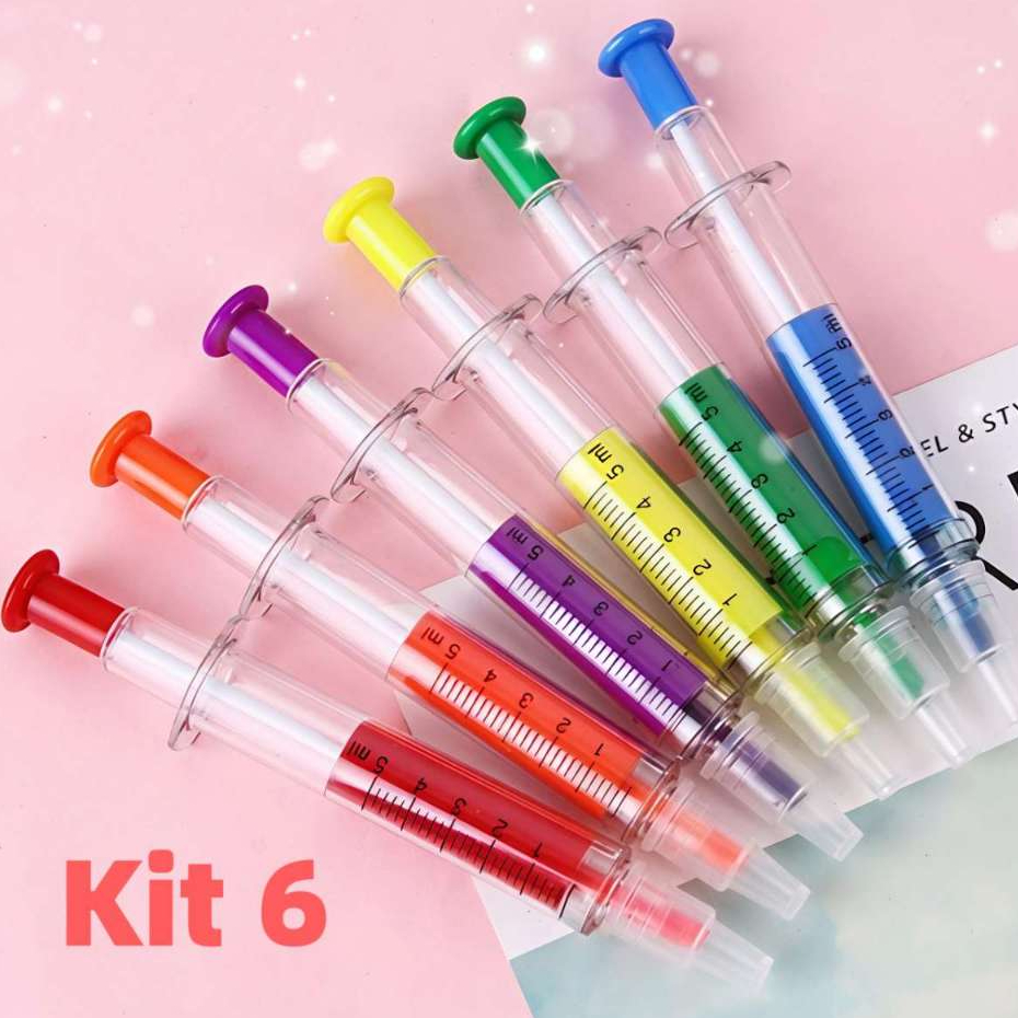 Kit 6 Canetas Marca-Texto+ Esferográfica Azul 2 em 1 Formato Seringa Criativa para Escola e Presente