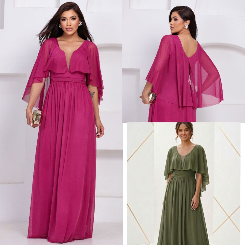 vestido feminino longo betthy com capa en decote v para madrinha formatura festas luxuosas