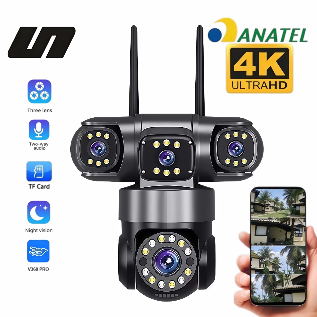 Câmera de Segurança Tripla Remoto Celular WiFi 360° 4K Visão Noturna Detecção Movimento Preto P16