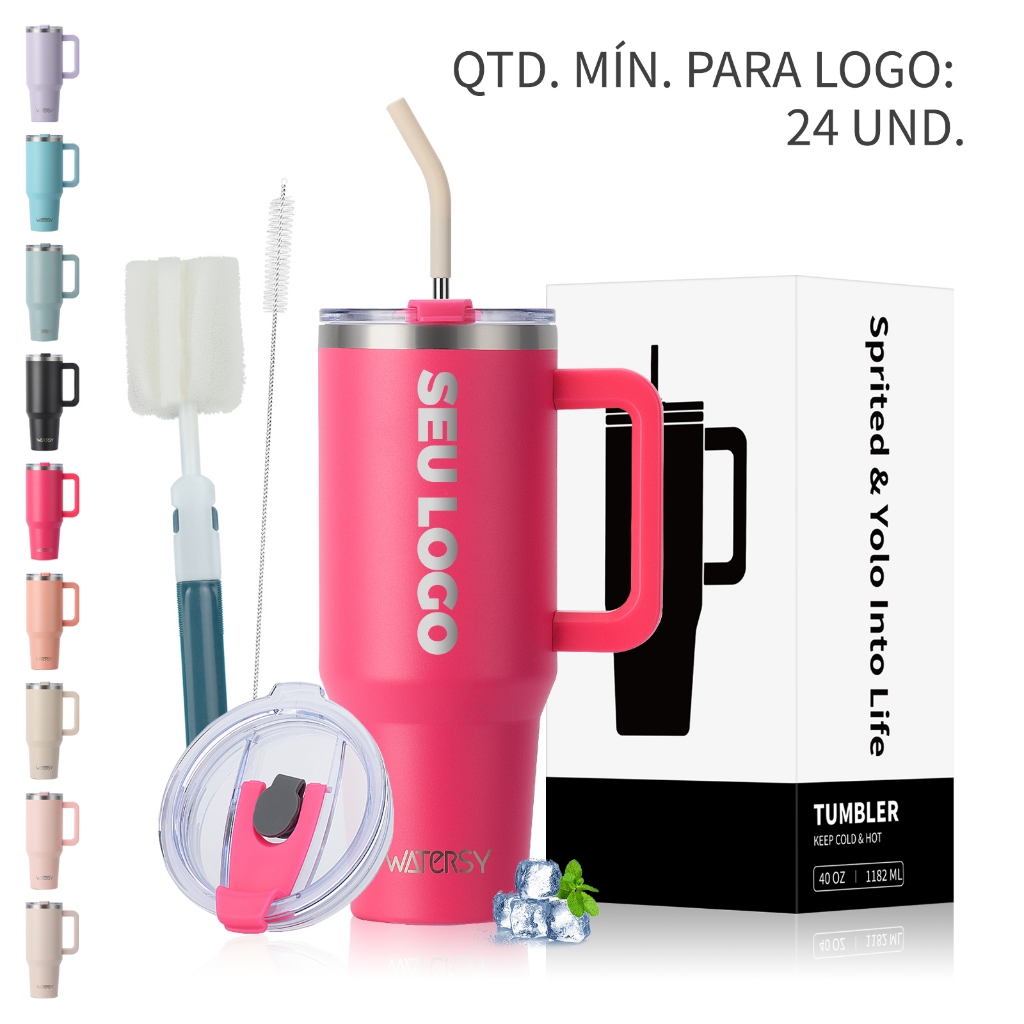 Tumbler Personalizado com Logotipo 40oz - Copo Térmico Aço Inox 18/8, Isolamento a Vácuo, Tampa 2 em 1