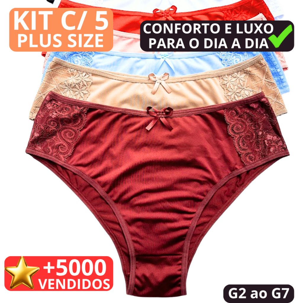 kit 5 Calcinha Plus Size Feminino cores sortidas  G1 G2 G3 G4 G5 G6 G7 48 ao 60
