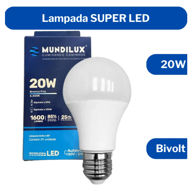 Lâmpada LED 20W Branca Fria Bivolt Kit C/ 10 UNIDADES - Mundilux