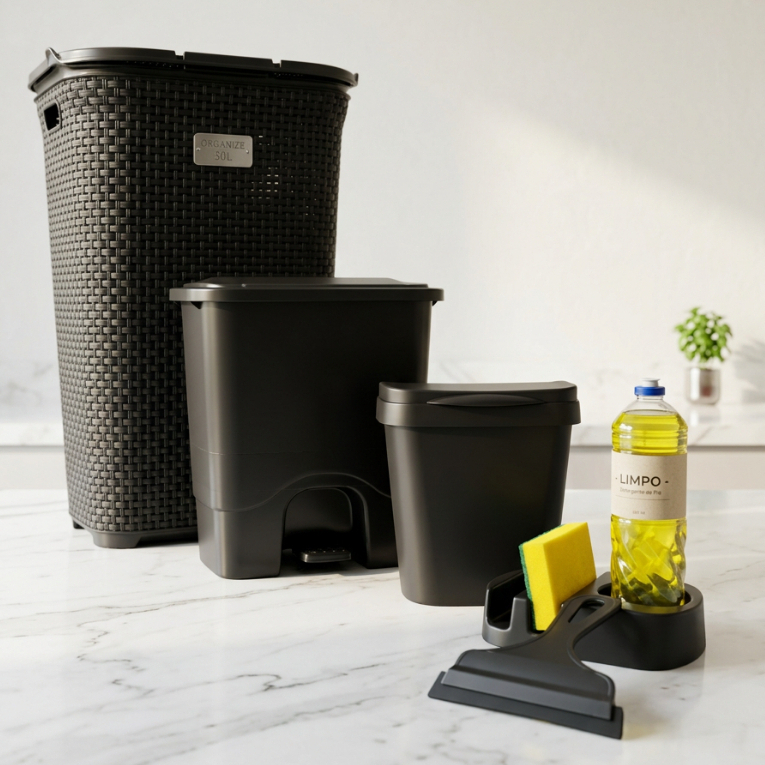 Jogo Rattan para Organização e Limpeza Completa: Cesto, Lixeira com Pedal 7 Litros, Lixeira de Pia 5 Litros, CONCPT