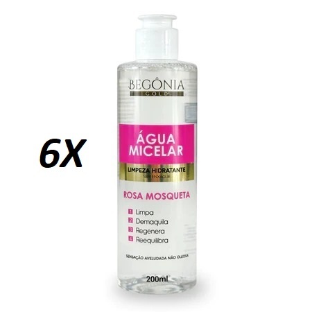 Kit 6 Água Micelar Rosa Mosqueta 200ml - Limpeza Facial Todos Os Tipos de Pele Sem Perfume Begonia