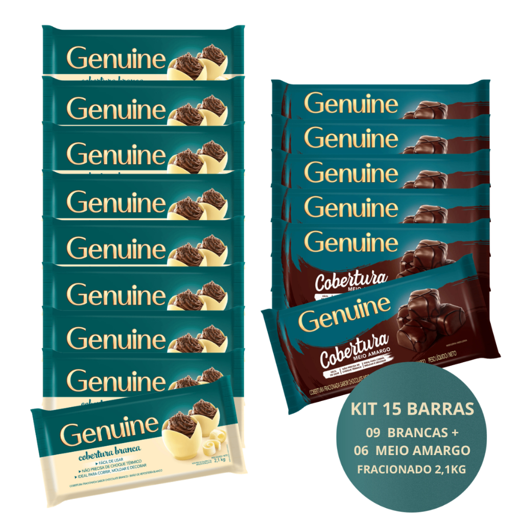 Kit 15 Barras Chocolate Cobertura Fracionada Genuine 2,1Kg - 9 Brancas 6 Meio Amargo Cargill