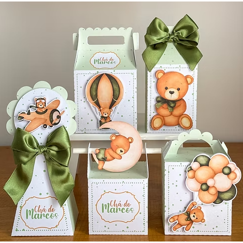 kit caixas personalizadas PEGUE E MONTE URSINHO VERDE CHÁ DE BEBÊ CHÁ REVELAÇÃO lembrancinhas mimos entrega rápida