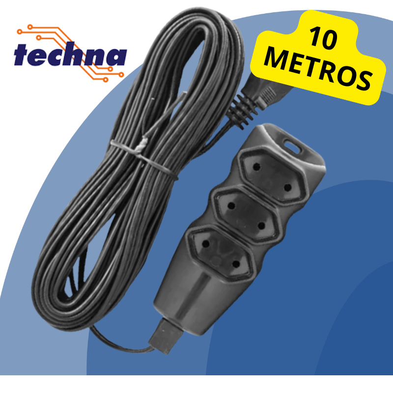 Extensão 10 Metros Techna 10A 3 Tomadas de 2 Pinos Cabo Paralelo