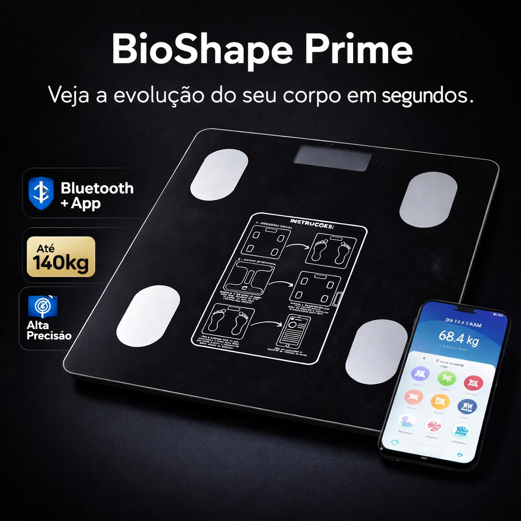 BioShape Prime Balança Digital Bioimpedância Bluetooth 140kg com App IMC Gordura Corporal Massa Muscular Preta