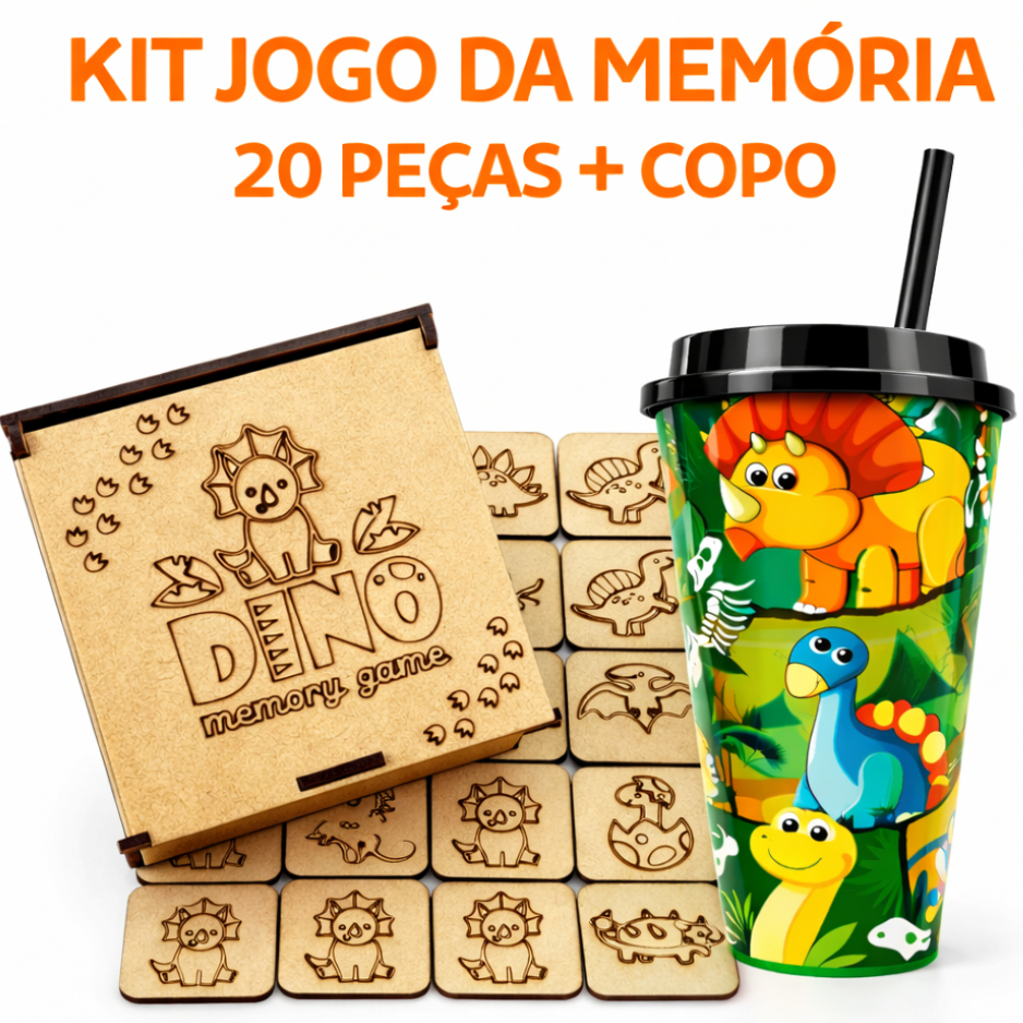 Jogo Educativo Memória  Infantil de Dinossauros MDF Caixa MDF Resistente + Copo Com Tampa e Canudo