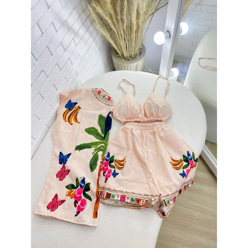Conjunto kimono short e top 3 peças estampas variadas quimono estampado floral