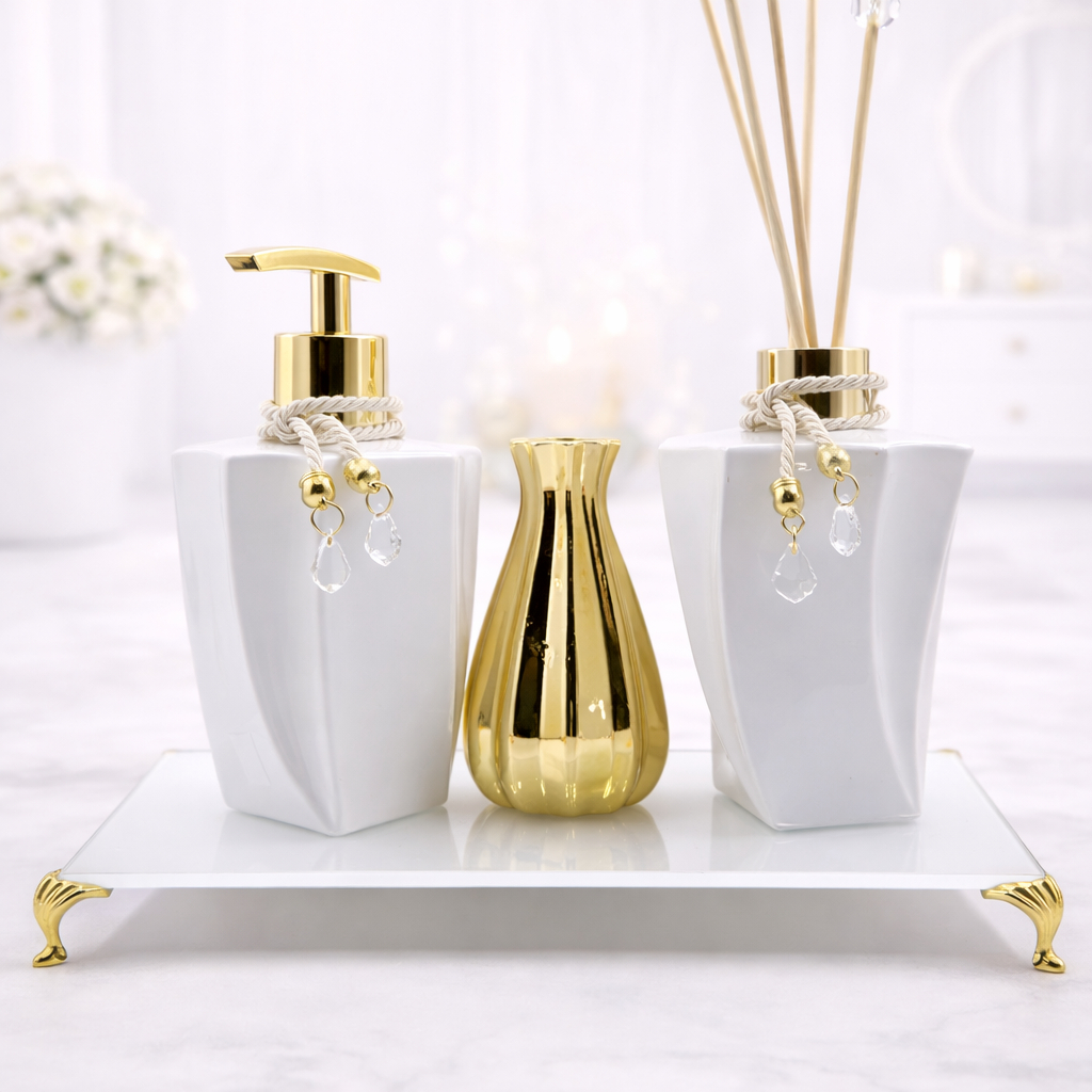 Kit Lavabo Vidro Elegance Branco 260ml com Bandeja de Vidro e Vaso Decorativo Dourado, Prata ou Rosé
