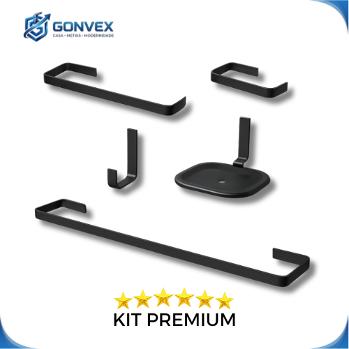 Kit Acessórios Quadrado para Banheiro 5 Peças Preto Fosco + Porta Sabonete Saboneteira Super Luxo