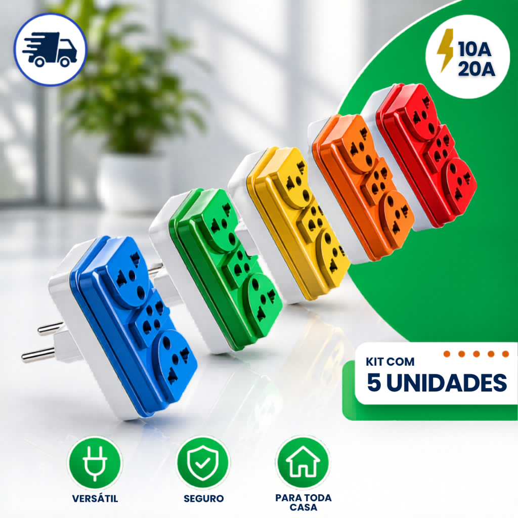 Adaptadores de Tomada T Central Coloridos - Benjamim 3 Saídas 10A e 20A