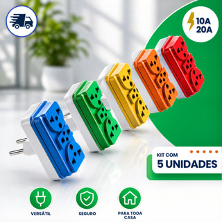 Adaptadores de Tomada T Central Coloridos - Benjamim 3 Saídas 10A e 20A