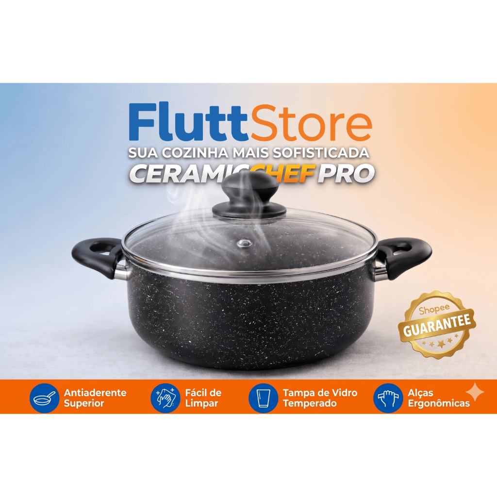 Panela Ceramic Chef Pro Antiaderente Premium 3,1L Não Gruda Tampa de Vidro Fogão Gás Indução
