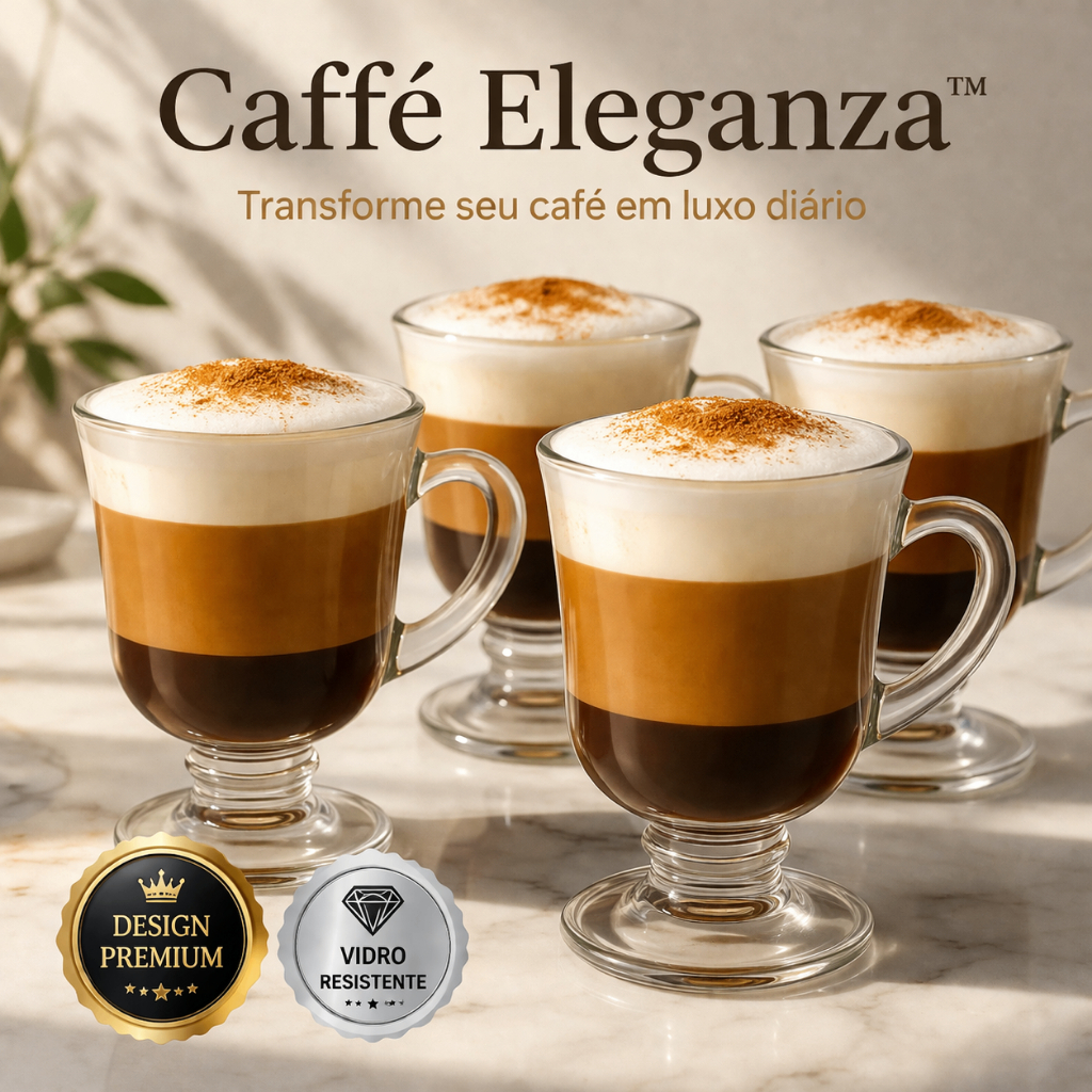 Caffé Eleganza - Kit 4 Xicaras/Canecas Capuccino Vidro 120ml Elegante Resistente Design Moderno