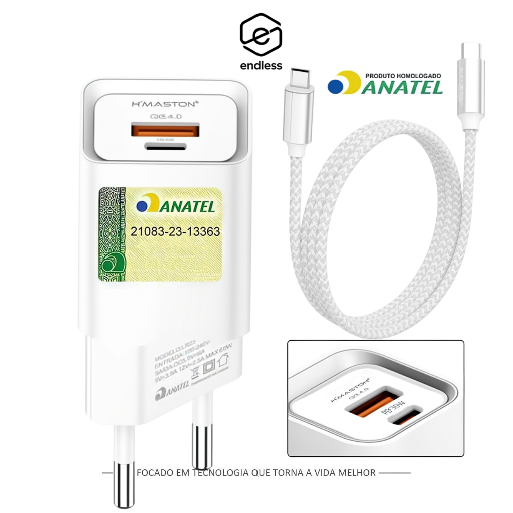 2 Entradas Carregador Celular Turbo Rápido 60W Usb-C Qc4.0 + TIPO-C PD Portátil Original