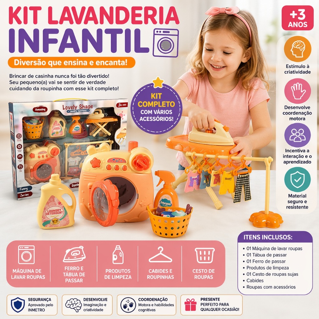 Brinquedo Lavanderia Infantil Máquina Lavar Ferro Tábua Brinquedo Completo + Acessórios