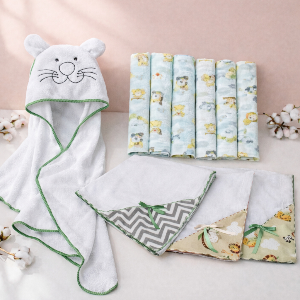 Kit Enxoval de Bebe 15 Peças Toalha Banho Bebê Bordada + 11 Fraldinhas + 3 Manta Fralda 100% Algodão