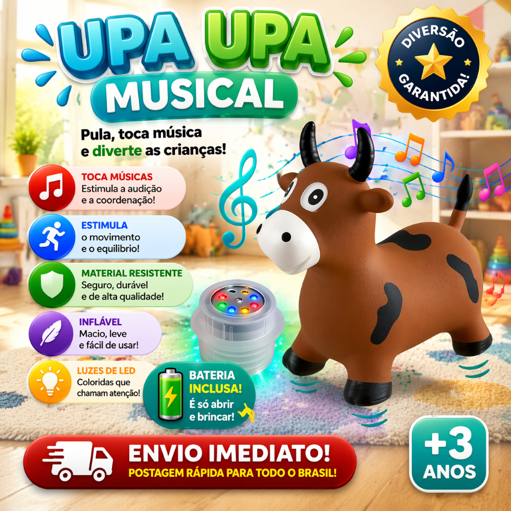 Vaquinha Marrom Upa Upa Inflável Emborrachada com Som Musical para Bebês Cavalinho Pocotó