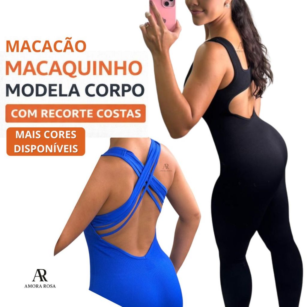 Macaquinho Feminino Fitness Canelado Modelador Sem Costura | Recorte nas Costas | Frete Grátis | Conforto Diario