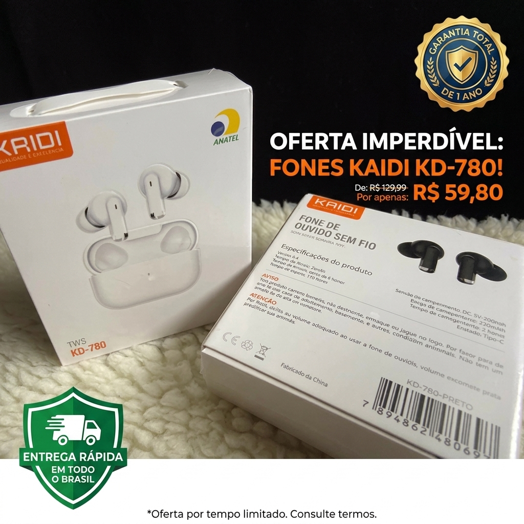 Fone KAIDI - fone bluetooth kaidi sem fio / bluetooth 5.3 - TWS - Altíssima qualidade - Entrega em 24h