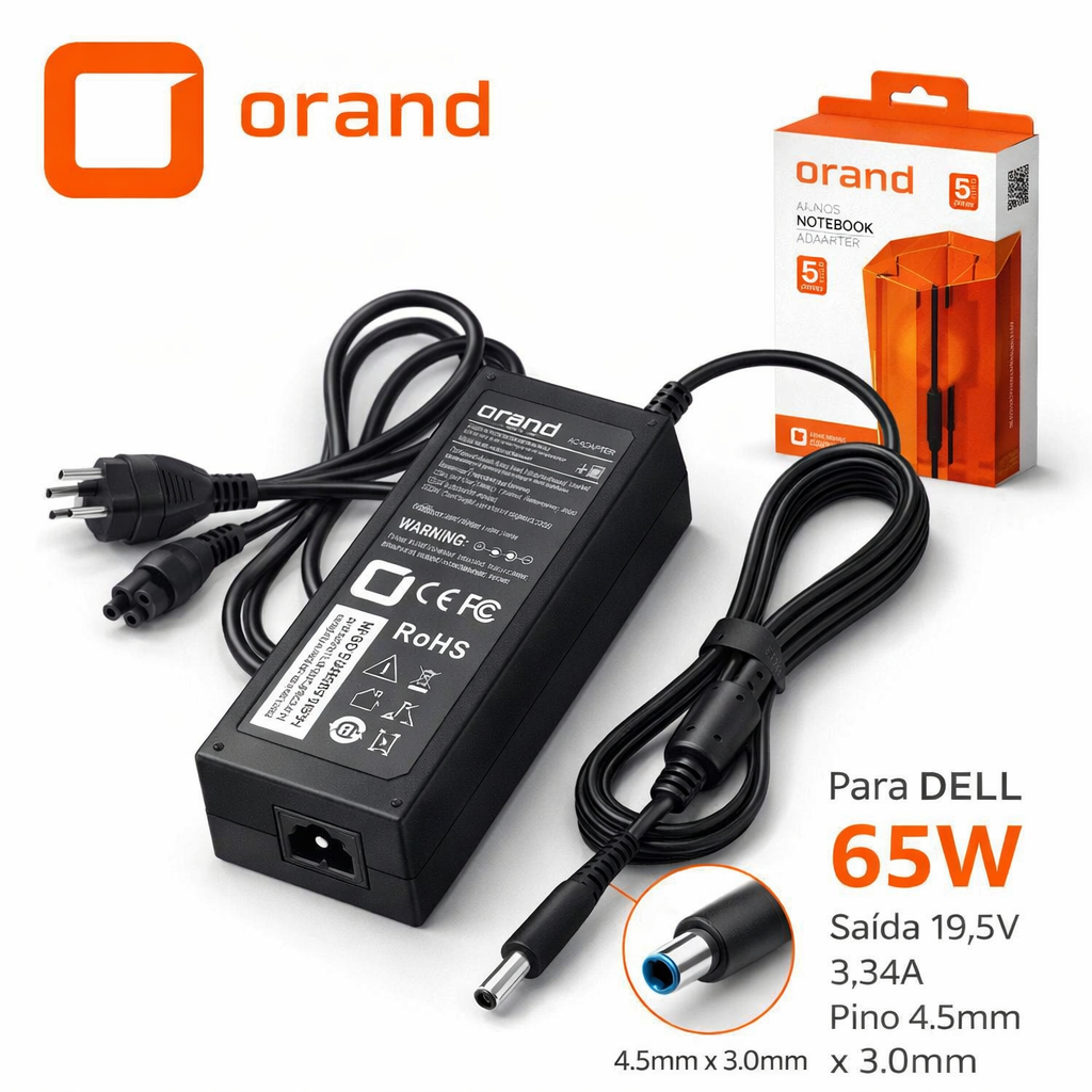 Fonte Carregador Para Notebook Dell - 19,5v 3,33a 65w Pino Fino 4.5x3.0mm - Inspiron 14/15 Latitude