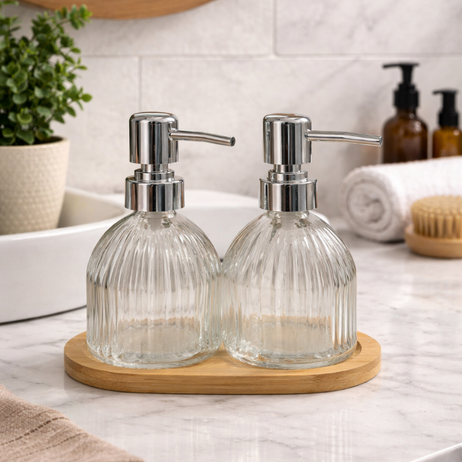 Kit Banheiro 2 Peças + Bandeja de Bambu Dispenser Porta Sabonete 210ml Em Vidro