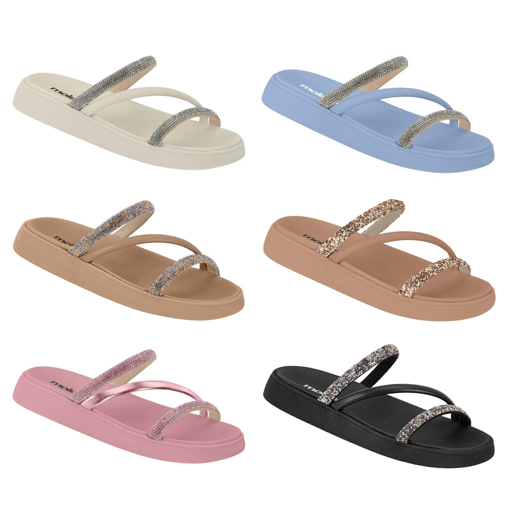 Sandália Slide Feminina Tamanco Tiras Brilho Glitter Moleca