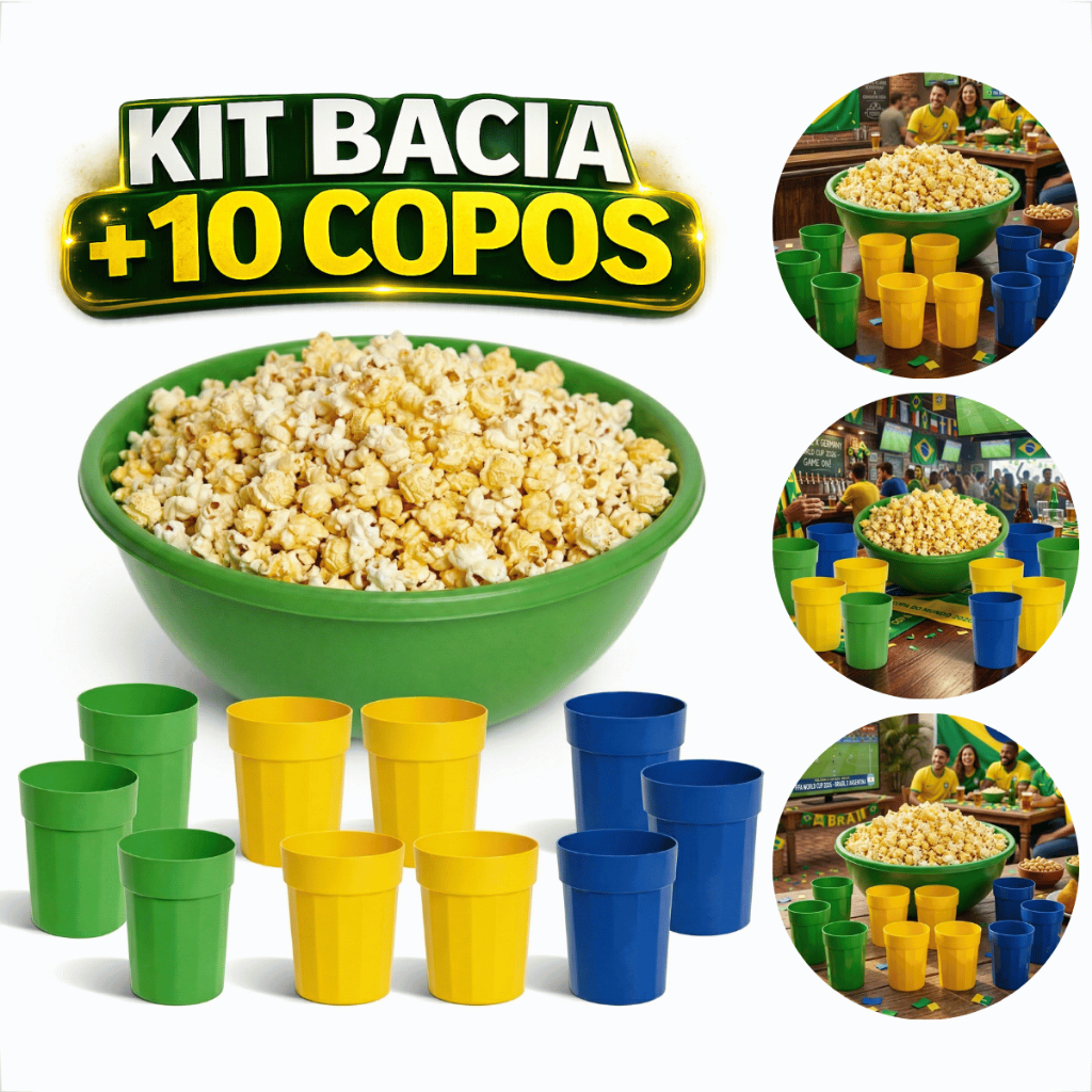 Kit Festa Copa Do Mundo Bacia Pipoca 4.6L + 10 Copos 350ml Reutilizável Torcida Seleção Brasileira