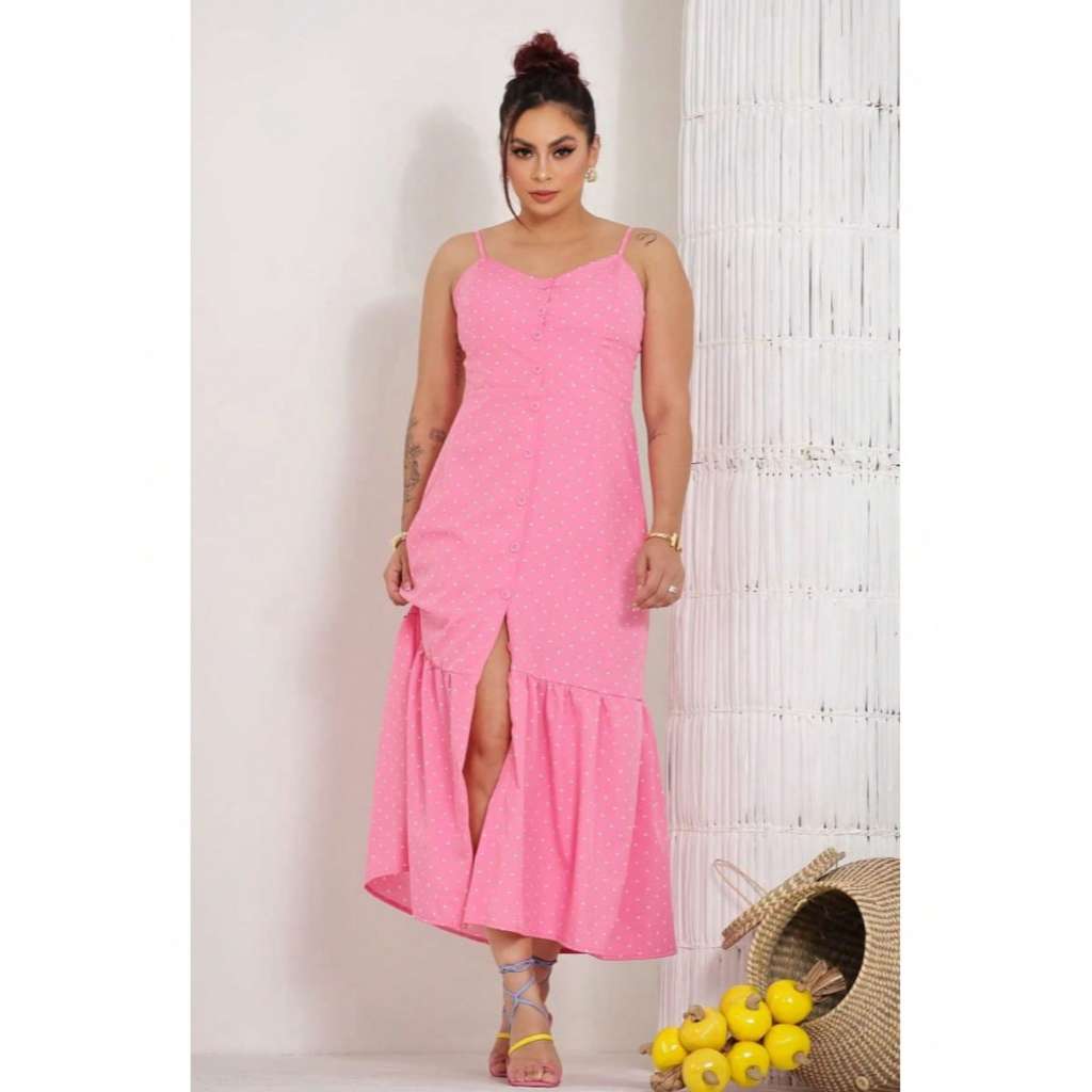 Vestido Longo Poá Alcinha Babado Feminino Vestido Casual Dia A Dia Leve Soltinho